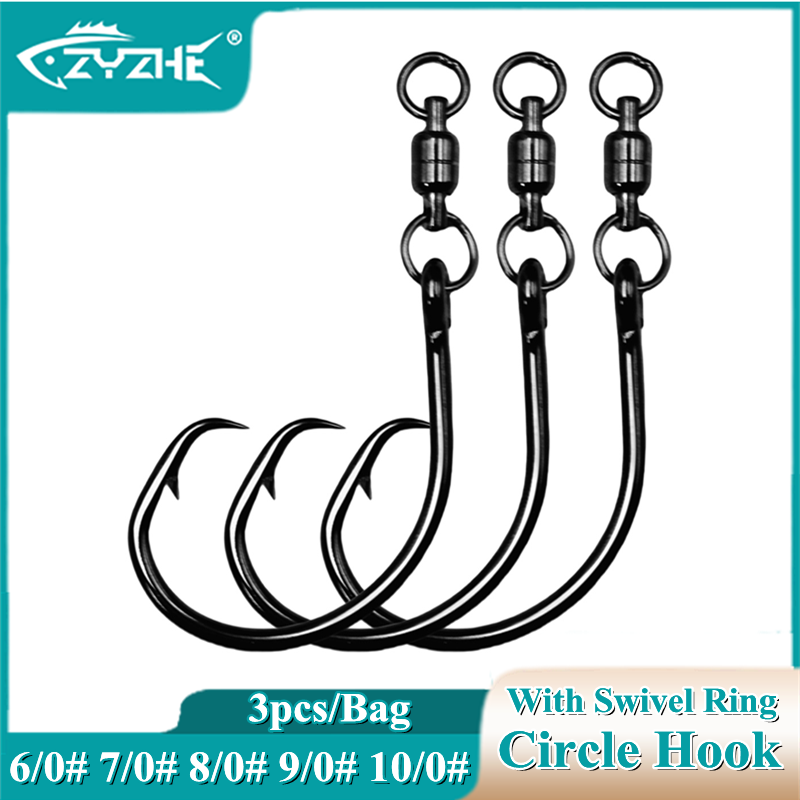 Fishing Hook Offset - ZYZHE 3/6/9 ชิ้น ตะขอเกี่ยววงกลมพร้อมห่วงหมุน 6/0 #